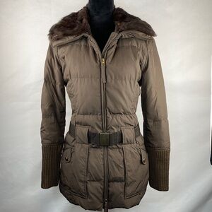 Vintage Y2K MAX & Co Goose Down Quilted Puffer Coat w/ Rabbit Fur Collar Belted